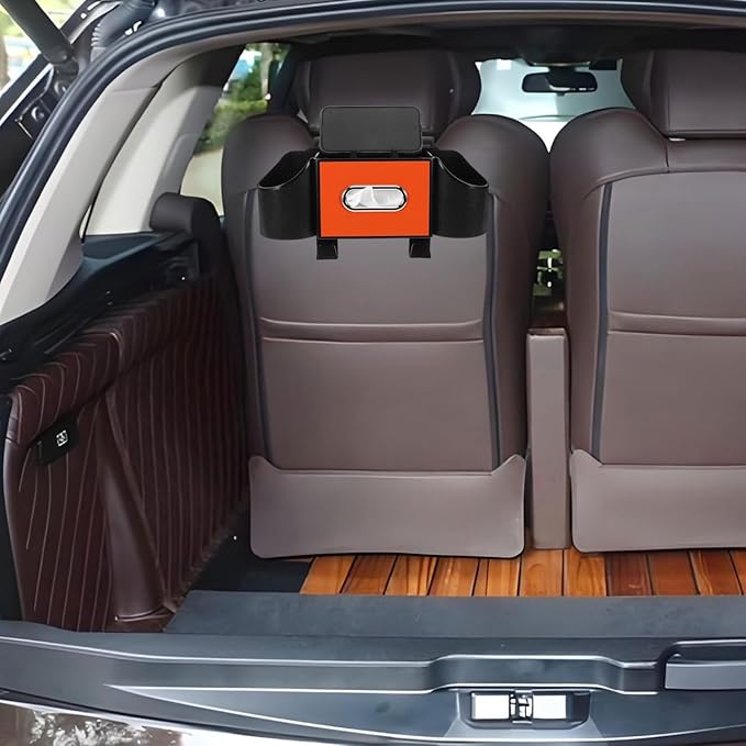 Ciieeo Car Headrest Organizer with Integrated Cup Holder and Tissue Box - Versatile Backseat Storage & Purse Hanger for Vehicle Interior Organization - Fits Most SUV & Sedans (Orange)