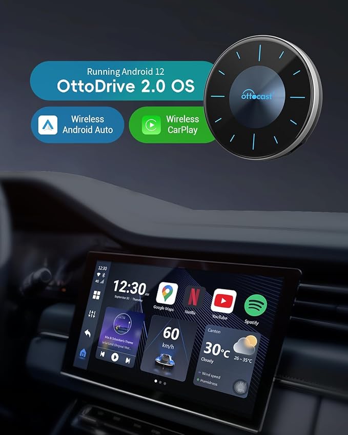 OTTOCAST P3 OttoAiBox - 2024 Android 12 CarPlay AI Box, Wireless CarPlay & Android Auto Adapter, 8GB+128GB, HDMI Output, GPS, Video Viewing YouTube, Netflix, Tiktok, etc