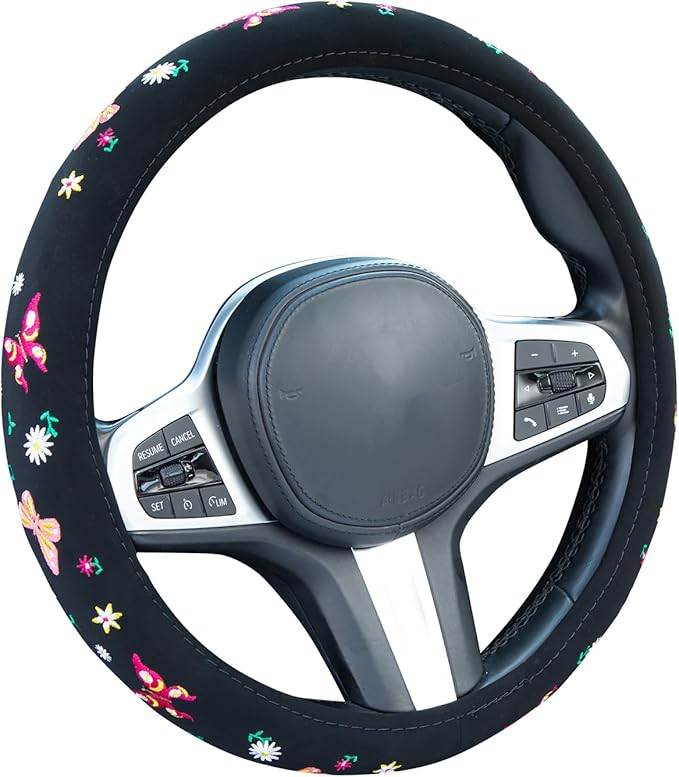 Embroidered Butterfly Daisy Cute Black Steering Wheel Cover, Auto Anti-Slip Breathable Steering Wheel Protector, Butterfly Floral Car Accessories for Women,Universal Size Fit Most Cars -15 inch