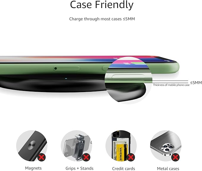 Amazon Basics 15W Qi Certified Fast Wireless Charging Pad with USB Cable for iPhone 15/14/13/12/11/X, Samsung and LG, Case Compatible, Black