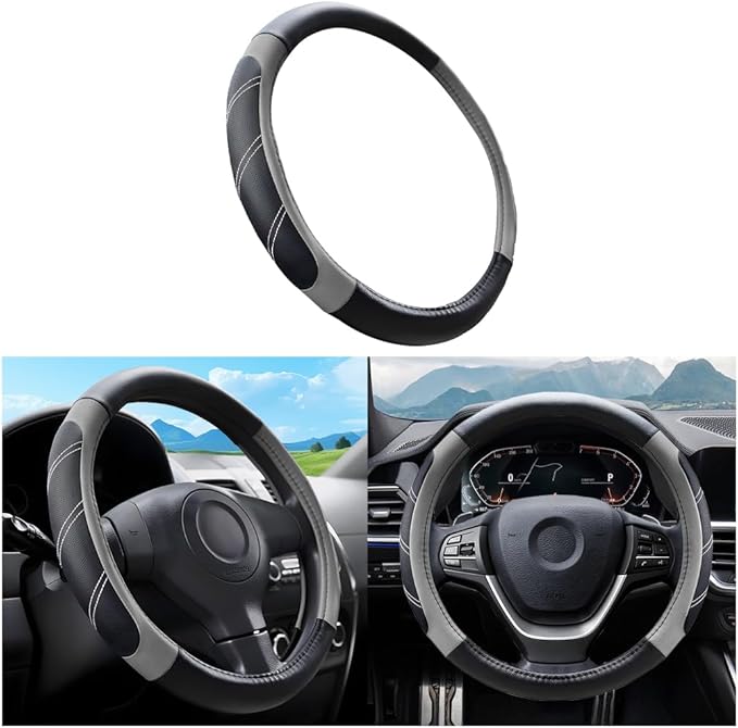 Mandark Car Steering Wheel Cover, Elastic Sport Leather Vehicle Steering Wheel Protector, Non-Slip Soft Grip Padded Auto Interior Protective Accessories, 14.5-15 Inch Universal Fit（Gray）