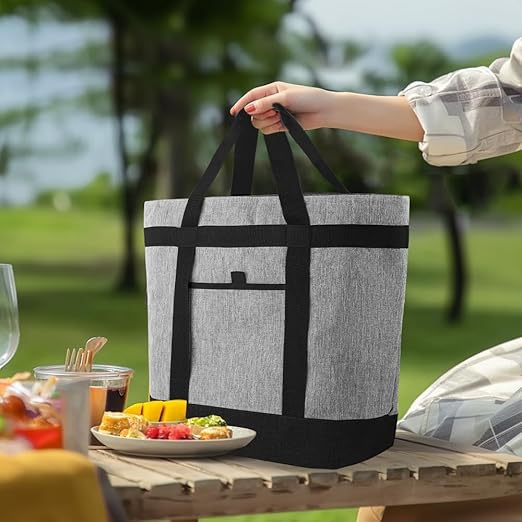 CIVJET Insulated Reusable Tote Bag for Grocery Shopping for Women, Insulated Pizza/Food Delivery Bag to Keep Food Cold/Hot, Waterproof PRO, Grey, 1PK