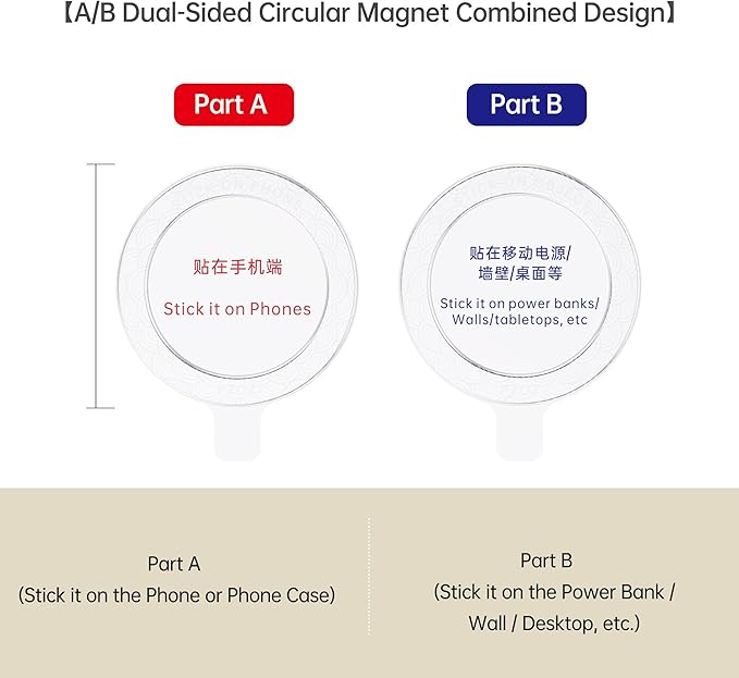 pzoz A/B Dual-Sided (1 Set) Magnetic Ring Sticker for MagSafe iPhone 16 Holder Phone Case Suction Cup Wireless Charger Car Mount Bathroom Kitchen, for iPhone 15 14 13 12 Pro Max, Samsung (White)
