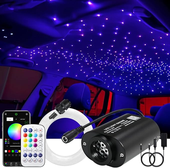AKEPO Mini Size 6W Twinkle Fiber Optic Starlight Headliner Kits, Mixed 375pcs 9.8ft/3m Optical Fiber Music Activated APP Control RGBW Star Ceiling Light Kit for Home and Car