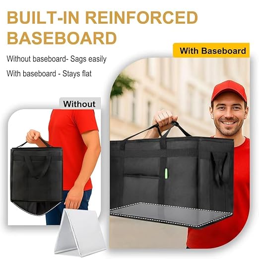 Bodaon Insulated Food Delivery Bag with Included Baseboard, Heavy-Duty Thermal XXXL Cold/Hot Lunch Warmer for Delivery Drivers, Reusable Grocery Carrier for Pizza, Drinks, Camping, Commercial, Black