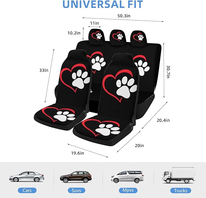 5 Pcs Premium Heart-Shaped Paw Print Car Seat Cover, Breathable & Washable Car Seat Covers Full Sets, Fashionable Printed Seat Covers for Cars Interior, Universal Fit for Most Cars