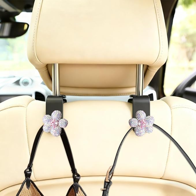 Bling Car Seat Headrest Hook, 4PCS Daisy Crystal Rhinestone Vehicle Backseat Hanger Hook for Purses Bags, Auto Headrest Storage Organizer Decorations, Universal Fit (Multicolour White Pink)