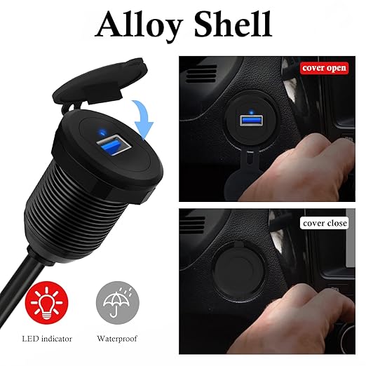 BATIGE Alloy Single Port USB 3.0 Dashboard Port Car Mount Flush Cable, Male to Female Waterproof Extension Cable for Car Truck Boat Motorcycle with LED Indicator 1ft