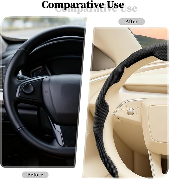 3PCS Car Steering Wheel Cover, Nappa Leather Breathable Non-Slip Segmented Steering Wheel Protector, Snap-on Auto Interior Decoration Accessories, Universal Fit (Black)