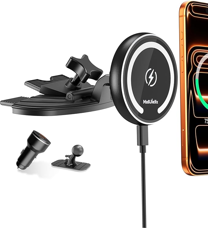 MAGJIEYX CD Slot Magnetic Wireless Car Mount Charger for iPhone 17 16-12, 3X Stable on Bumpy Roads, 99% Car/Truck-Approved, Charging Holder with 3M Dash Sticker, No Air Vent Block (38W Adapter)