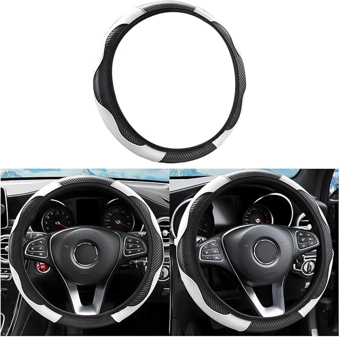 Car Steering Wheel Cover, Microfiber PU Leather Elastic Carbon Fiber Auto Steering Wheel Protector, 15 Inch Breathable Anti-Slip for Women Men, Car Interior Accessories for Most Cars (Black/White)
