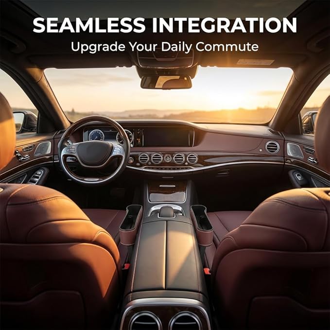Car Seat Gap Filler Organizer, 2026 New Premium Leather Console Organizer for Holding Phone, Sunglasses, Auto Console Side Storage Box with Cup Holders 2 Seat Hooks for Drink (Brown, Driver's Seat)