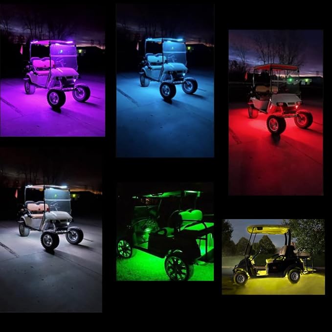 4 Pcs Golf Cart Underglow Lights, RGB Led Strip Lights for EZGO Yamaha Club Car, RF/APP Control, Sound Active, Music Sync with Voltage Reducer, Water Resistant Flexible Tubes
