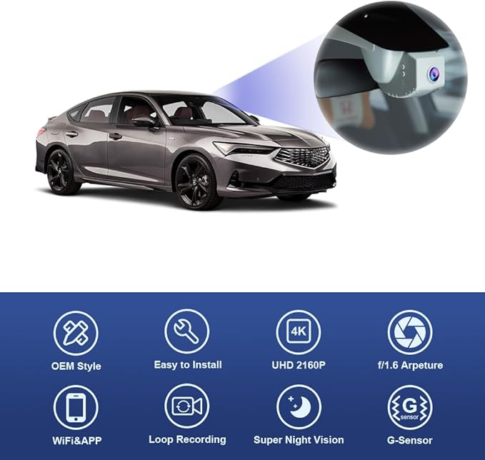 Fitcamx 4K Dash Cam Suitable for Acura Integra 2023-2026 & Type S (Grey Cover), Integrated OEM Look, UHD 2160P Video, Built-in WiFi & APP, Loop Recording, Collisison Detection, Plug & Play, 64GB Card