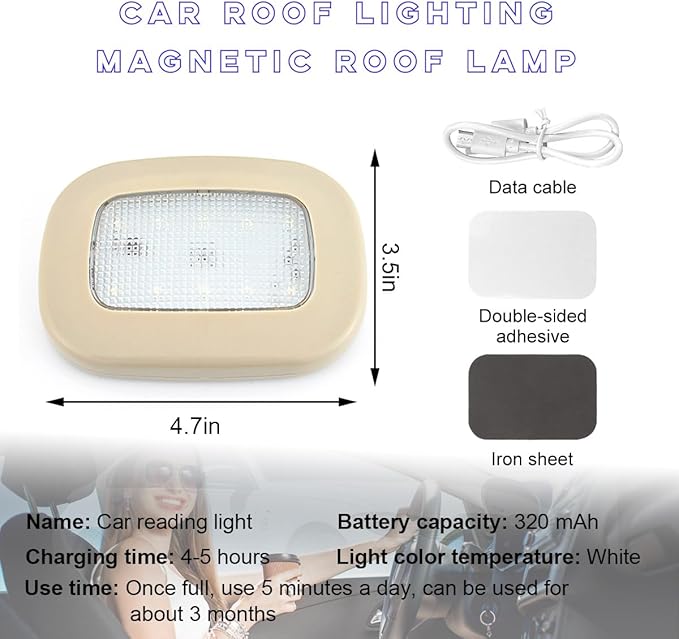 Ohleats Car Interior Ceiling Roof Lights, Magnetic Rechargeable USB Wireless Dome Lamp, LED Auto Map Reading Light Cover for Insider Roof Ceiling, Universal Car Accessories (Beige)