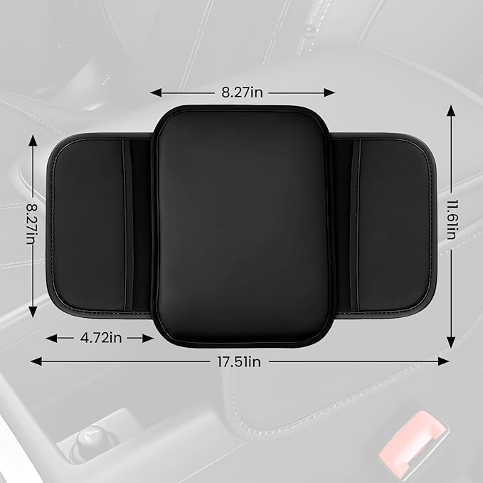 Car Center Console Cover, 11.6"×8.3" Leather Car Armrest Cushion Pad with 2 Storage Pockets, Comfortable Arm Rest Box Cover Mat for Most Vehicles, Universal Interior Accessories (Black)