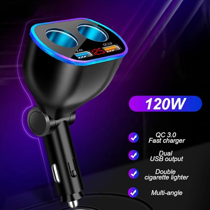 Car Charger Cigarette Lighter Splitter Adapter,120W QC3.0 Dual USB Car Charger with LED Voltmeter 12/24V Sockets Splitter Cigarette Lighter USB Chargers Fast Charging for Phone Tablets GPS Dash Cam