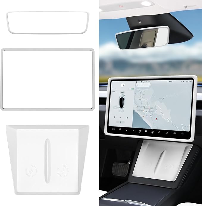 Farmogo Protector Trim Frame for 15.4'' Tesla Model Y & Model 3 Highland 2024-2026 Accessories with Wireless Silicone Charging Mat Screen Edge & Rearview Mirror Protector Frame (3PCS White)
