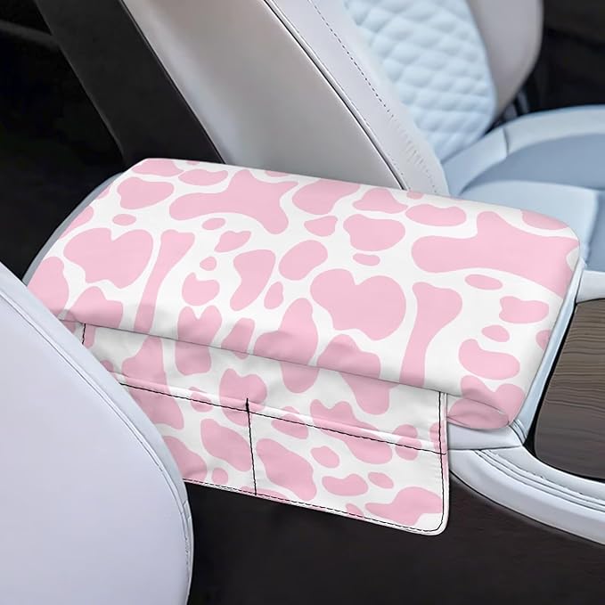 Dreaweet Pink Cow Print Center Console Cover for Car Thick Arm Rest Cover Pad with Pockets Cute Car Accessories for Women Interior Soft Anti Scratch Armrest Cover Cushion Pad