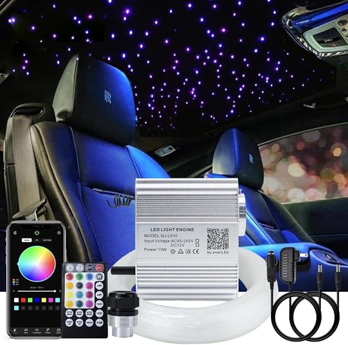 AKEPO Upgraded Car Home APP Fiber Optic Lights kit RGBW Twinkle + Music Effect Star Ceiling Sky Light, Optical Fiber Cable 450 Strands 0.03in/0.75mm 9.8ft/3m+ 28key RF Remote Control