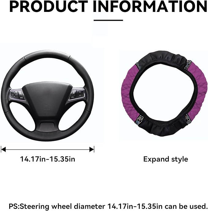 Bling Car Steering Wheel Cover, 15 Inch Rhinestones Soft Leather Elastic Steering Wheel Protector, Sparkly Crystal Diamond for Women Girls, Car Interior Accessories for Most Cars (Purple)
