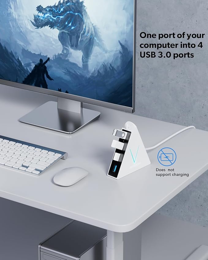 USB 3.0 Hub,4 Port USB Hub Tower,2ft Cable USB Splitter for Laptop,PC, PS4,PS5,Xbox,Mouse,Keyboard, Flash Drive, U-Disk (White)