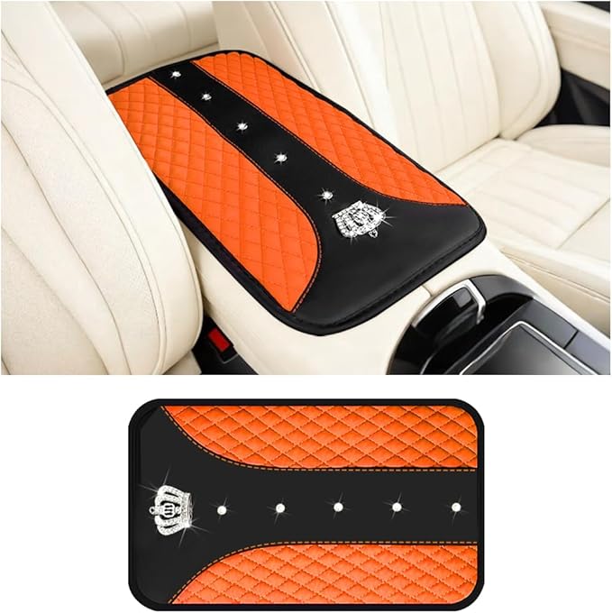 Bling Car Center Console Cover, Crown Crystal Rhinestones Vehicle Armrest Mat Protector, Anti Slip Sparkling Automotive Arm Rest Seat Box Cushion Pad Decor Accessories, Universal Fit (Orange)