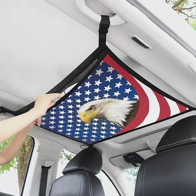 Eagle USA Flag Car Roof Storage Bag Car Seat Organizer Roof Storage All Car Storage Organizers Large Capacity Storage for Small Items