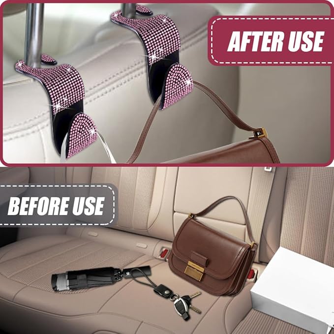 2 Pack Car Seat Headrest Hook, Bling Car Hooks Front Seat, Back Seat Organizer Hanger Storage Hook Car Purse Hook for Bags, Clothes, Coats, Grocery Bags (Pink)