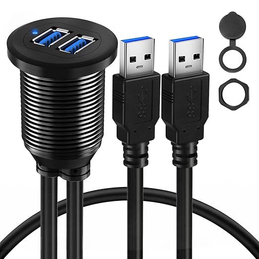 BATIGE Alloy Dual Port USB 3.0 Car Dashboard Flush Mount Cable, Male to Female with LED Indicator Extension Cable for Car Truck Boat Motorcycle Dashboard Panel 1ft