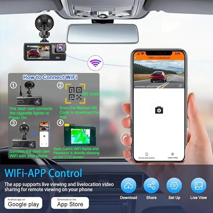 WiFi 1080P 3 Channel Dash Camera for Car Front and Inside Dashcam Car Security Video Recorder,170°Wide Angle Vehicle Cam,WDR,G-Sensor,Loop Recording,Night Vision (WiFi 3Channel Dash Cam With 32G Card)