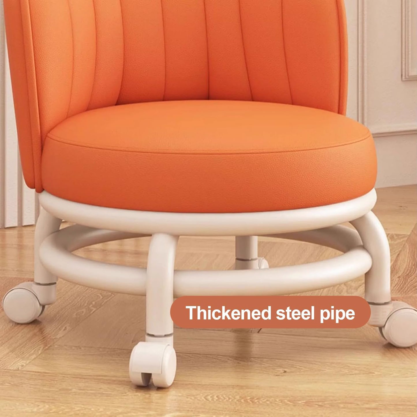 Low Rolling Stool with Backrest,Rolling Pedicure Seat,Low Stool with Wheels for Home, Office, Garage, Shop, Library (Orange)