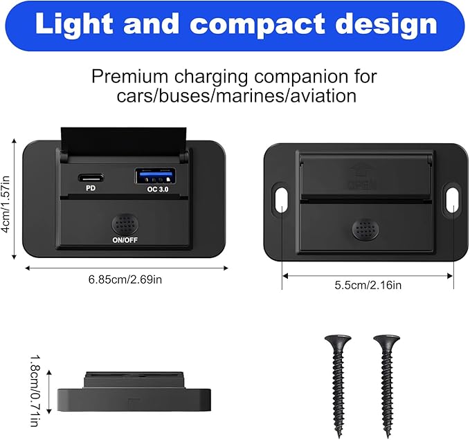 12V Flush Mount USB Charger with Power Switch, Multi-Port Car Charger for RV, Boat, Car, Bus, ATV, Motorcycle - Panel Mount Charging Accessories (PD+QC)