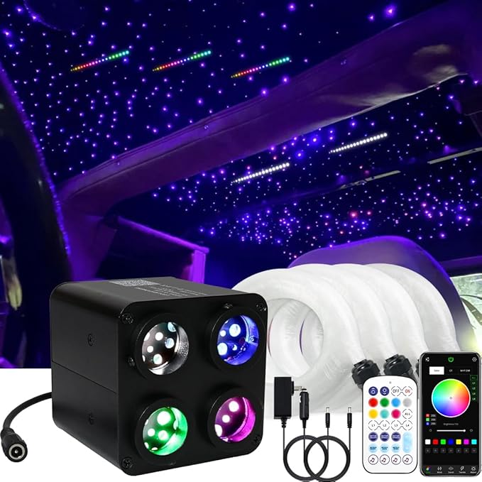 AMKI Updated 4Color Meteor Twinkle 36w Starlight Headliner Kits 2000pcs 0.03in 13.1ft, 240pcs RGB Meteor Shooting Star Cable, 2 in 1 Fiber Optic Light Box RGBW Sound Activated Mode for Car& Home Decor