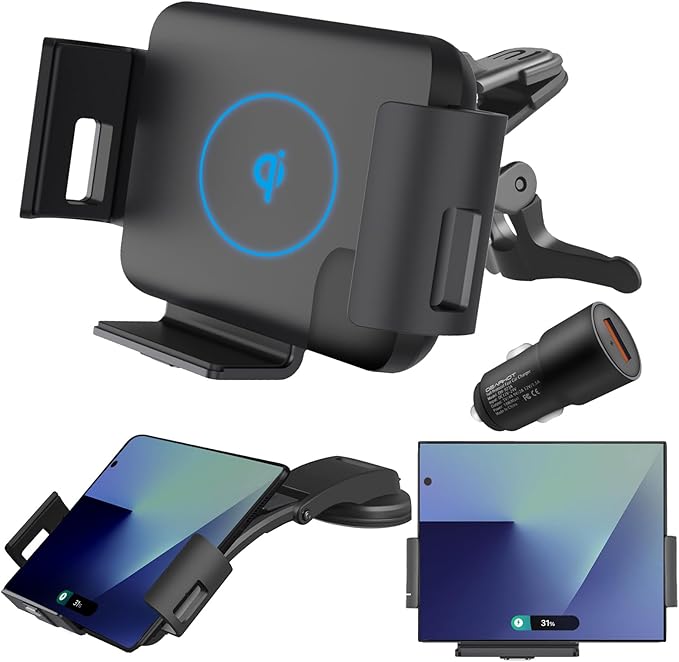15W Qi Wireless Car Charger Mount Holder Compatible for Samsung Galaxy Z Fold7 Fold6 Fold5 Fold4 Fold3 Fold2 Fold 4.3in-6.9in Phone Auto Clamp Fast Charger