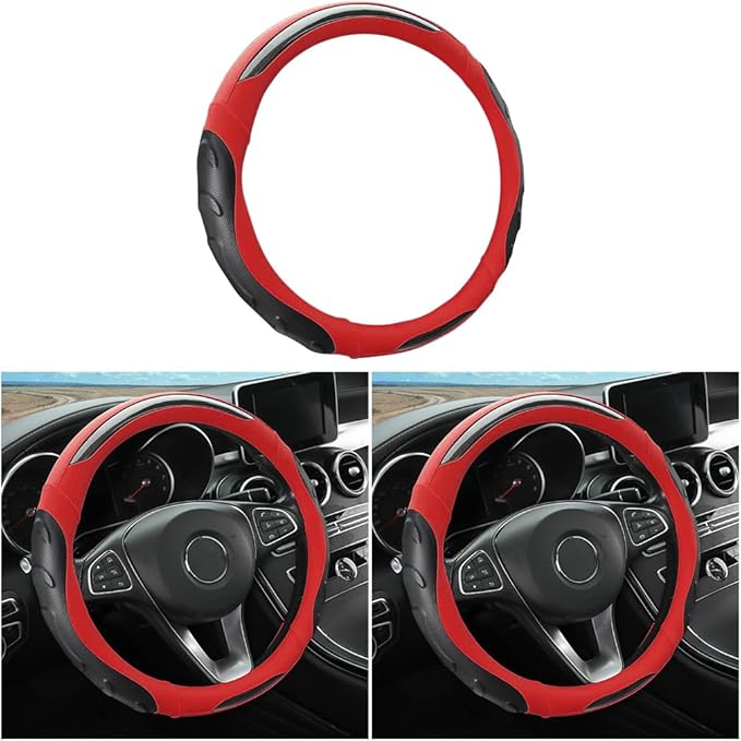 Leather Steering Wheel Cover, Auto Car Stretch Steering Wheel Protector, Universal 15 Inch Anti-Slip Breathable Odorless Steering Wheel Cover for Men Women (Black/Red)