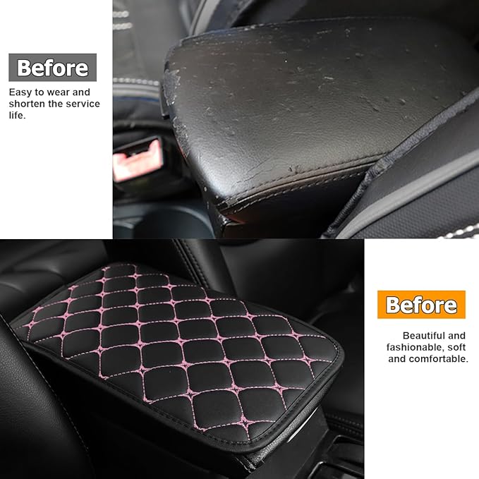 HZEL Car Center Console Cushion Pad, PU Leather Vehicle Armrest Protection Cover, Waterproof Automotive Interior Arm Rest Seat Box Mat Accessories, Universal for SUV, Sedan, Truck (Black/Pink)