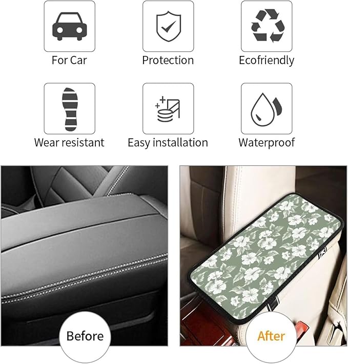 Hibiscus Flower Print Center Console Cover Tropical Floral Comfortable Armrest Pad Protector Car Accessories, Green Scratch Resistant Middle Arm Rest Console Covers