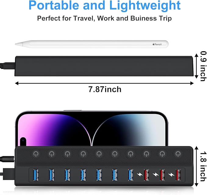 ONFINIO Powered USB Hub, 10-Port USB Splitter Hub (7 Faster Data Transfer Ports+ 3 Smart Charging Port) with Individual LED On/Off Switches and 12V/3A Power Adapter USB Extension for Mac, PC and More