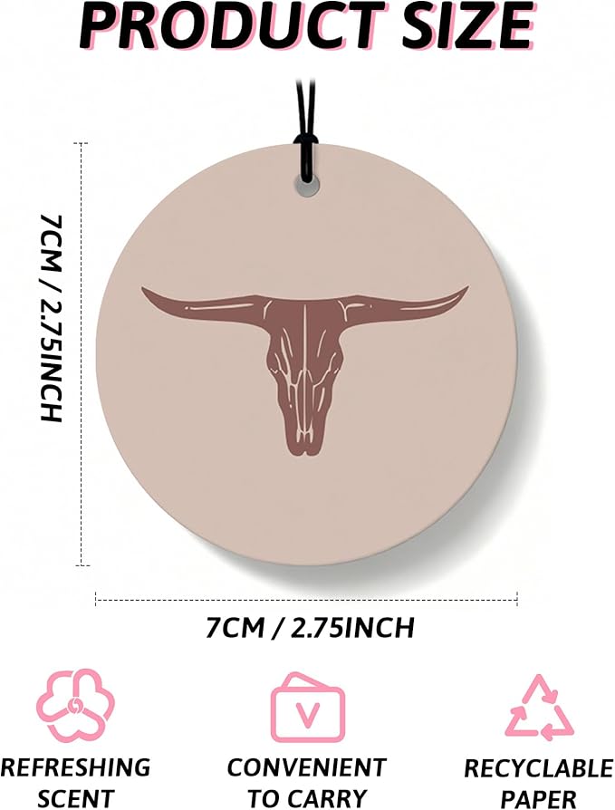Boho Beige Western Round Car Air Freshener 4 Pcs, Cow Skull Cactus Cowgirls Boots Hanging Air Freshener for Cars Closet Drawer Books, Western Country Car Accessories Mirror Decor for Women