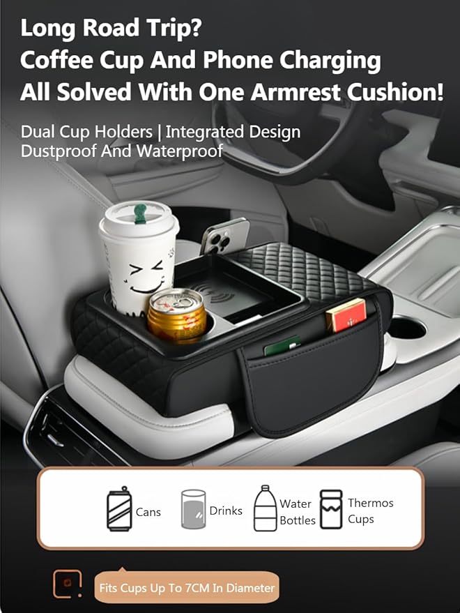Car Armrest Pad with Built-in Induction Charging, Leather Center Console Cushion with 15W Power Pad, Dual Cup Holders, Storage Pockets - Orange