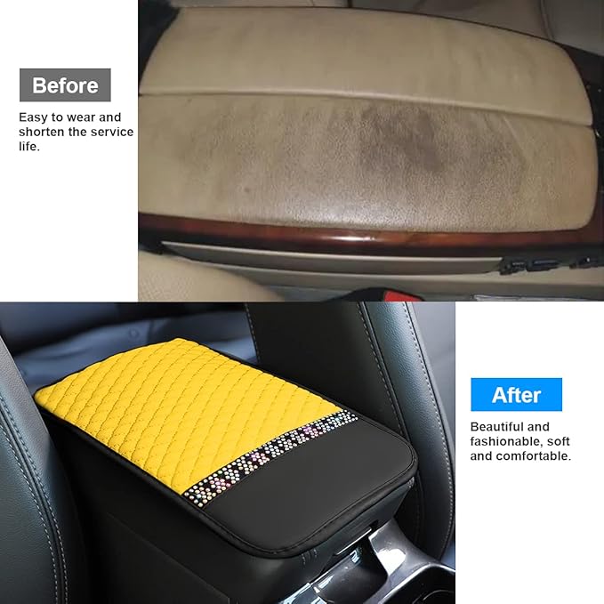 Car Center Console Cover, PU Leather Armrest Seat Box Protector Pad, Car Middle Console Armrest Cushion, Universal Auto Interior Decor Accessories for Most Vehicle, Truck, SUV (Yellow)