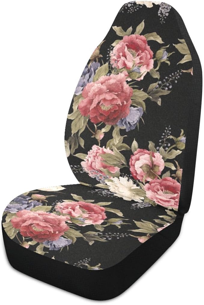 Dark Vintage Floral Flowers Print Car Seat Covers Set of 2,Seamless Floral Pattern with Peonies Watercolor Universal Auto Front Seat Protector for Women Cute Car Accessories Fit for Car Truck