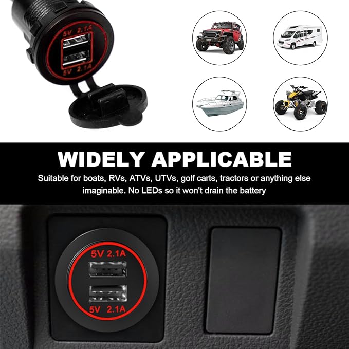 4.2A Dual USB Charger Socket, Waterproof Power Outlet 12V/24V 2.1A & 2.1A Quick Charge Socket, USB Charger Socket with Cap for Car Golf Cart Mobile RV ATV Truck Marine Boat (Red)