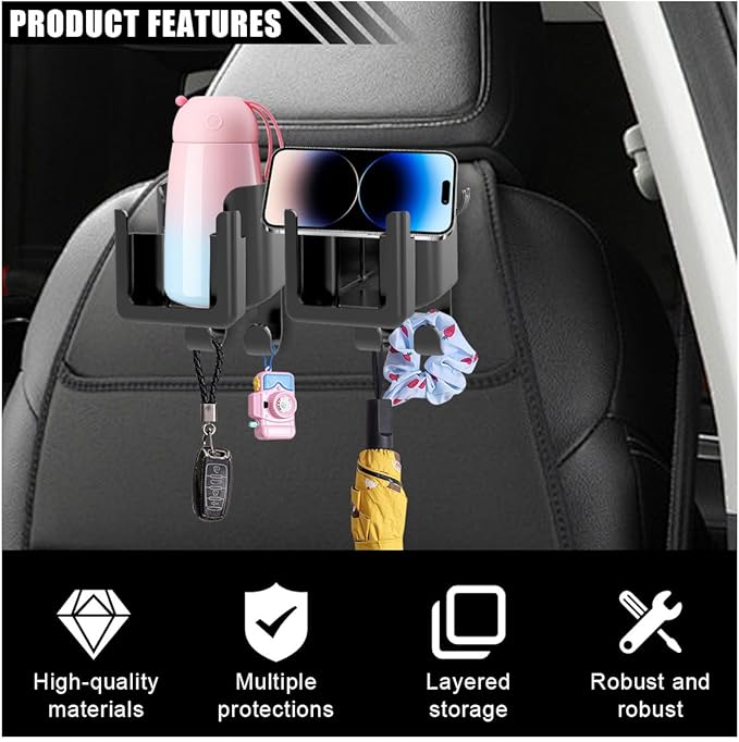 2PCS Multifunctional Car Cup Holder, Car Phone Holder with Headrest Hooks, Hanging Storage Organizer Accessories, Universal Car Back Seat Hook for Purse, Keys, Umbrella, Bag