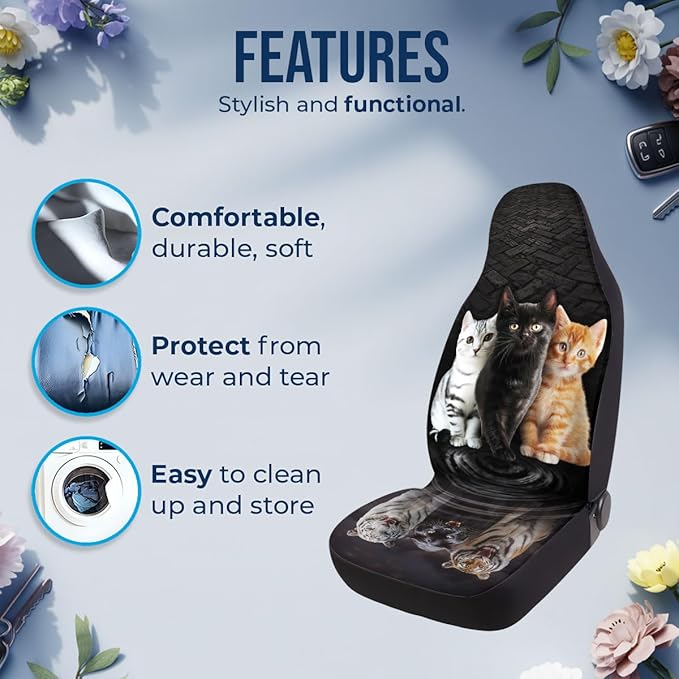 GENANY Cute Cats Car Seat Covers Set of 2, Breathable Front Seat Covers for Truck Sedan SUV, Cat Themed Car Accessories, Cat Gift for Women Men