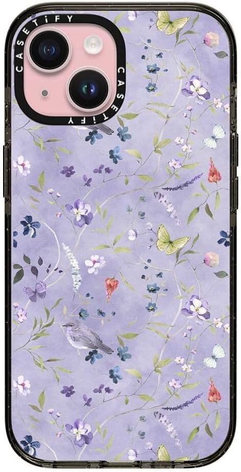 CASETiFY Impact Case for iPhone 15 [8.2ft 4X Military Grade Drop Protection/Compatible with Magsafe] - Floral Reverie Purple - Clear Black