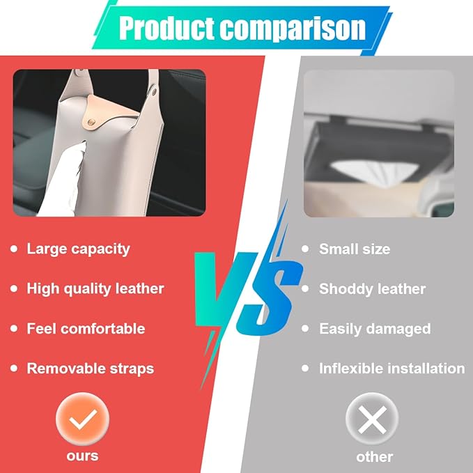 Car Tissue Holder, Large Car Headrest Hanging Tissue Box Cover, PU Leather Auto Napkin Holder, Universal Vehicle Backseat Paper Organizer for Cars Sun Visor (Grey)