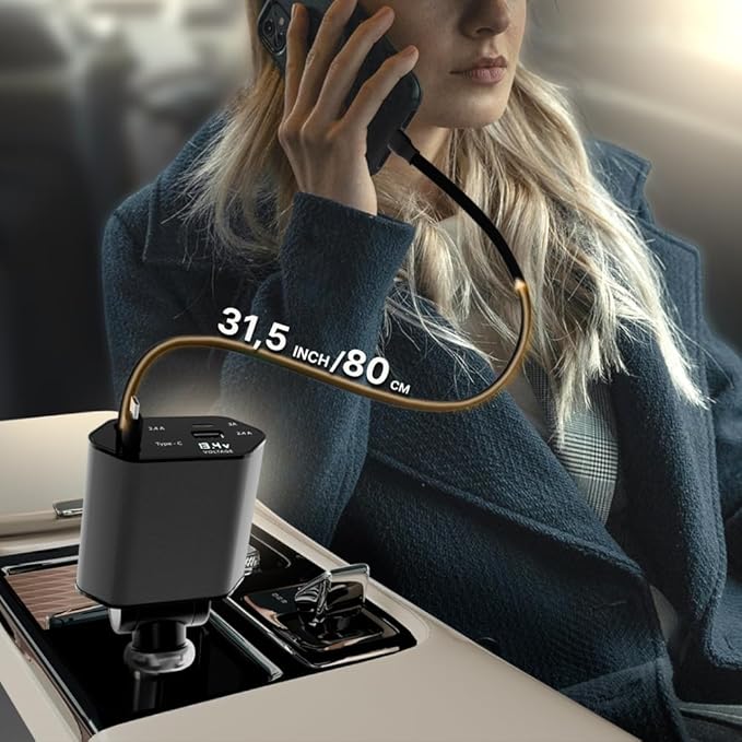 Retractable Fast Car Charger 100W for CarPlay, 4-in-1 Car Charger Adapter with 31.5" Built-in Cables & Dual USB Ports, Compatible with iPhone 11, 12,13,14,15,16,17 & Samsung Devices, Tablets and More
