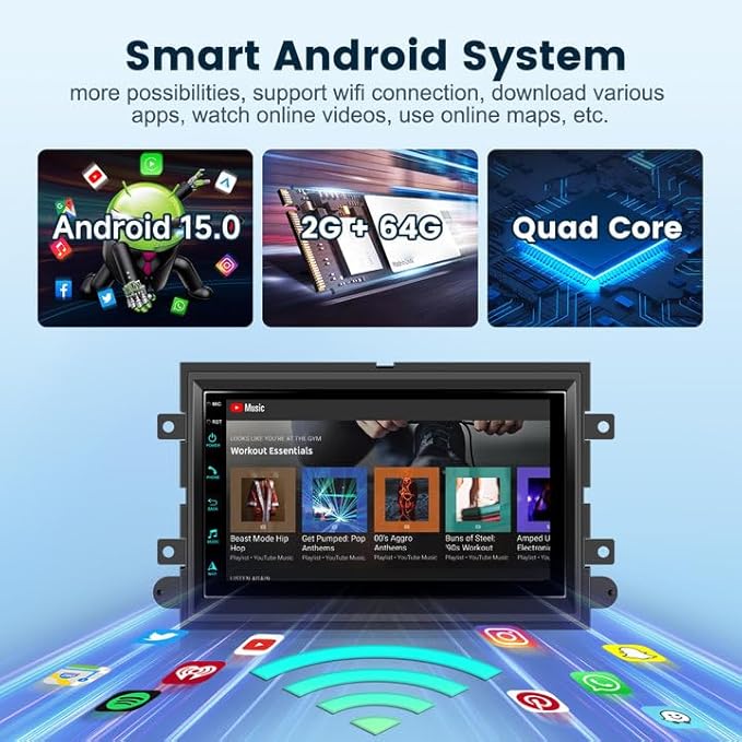 2G+64G Car Radio for Ford F150/F250/F350/E250/E350 Edge Fusion Explorer with Wireless Carplay Android Auto, 7 inch HD Touch Screen Car Stereo with Bluetooth/GPS/WiFi/FM/SWC/USB/HD Backup Camera